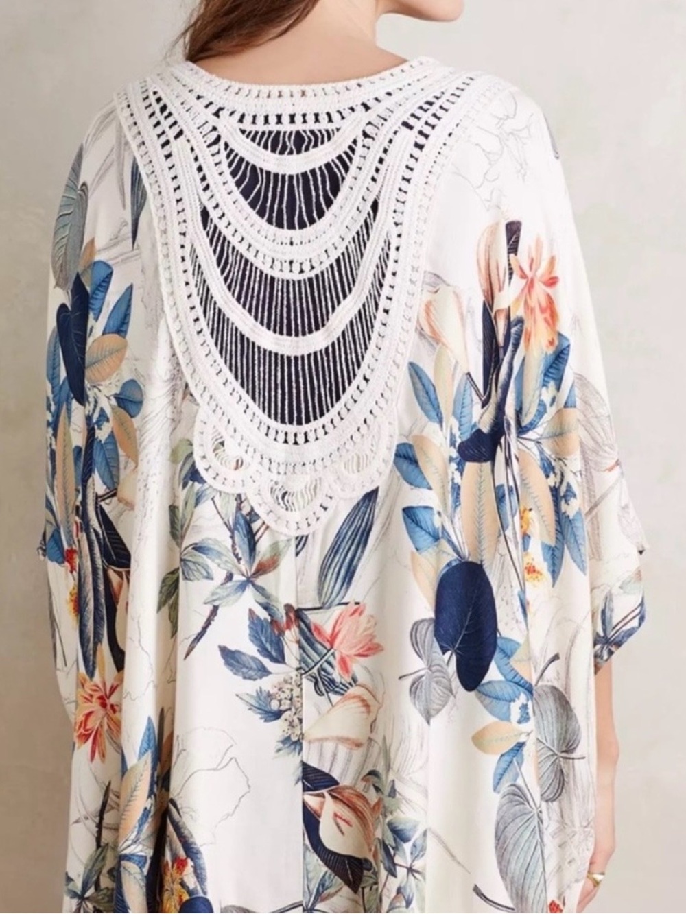 Roffe Cream Botanical Open-Front Crochet-Trim Wrap